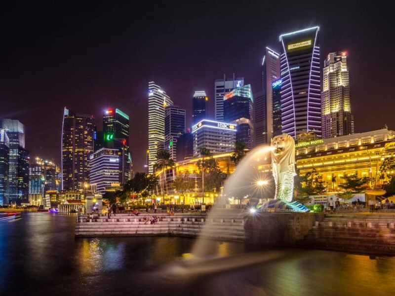 Dazzling view of the Singapore cityscape with Merlion and illuminated skyscrapers at night.